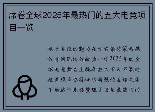 席卷全球2025年最热门的五大电竞项目一览 